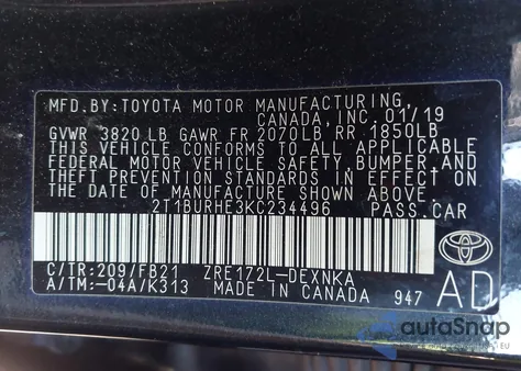 2019 Toyota Corolla Le z USA, uszkodzony, nr VIN 2T1BURHE3KC234496